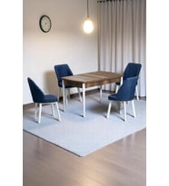 Florn Ceviz 80 x 132 Açılabilen MDF Masa Metal Ayaklı Mutfak Masası Takımı 4 Lacivert Sandalye