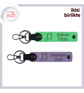 Nota Motifli Mezuniyet Sürprizi, İsme Özel Hediyelik Deri Anahtarlık Seti, Fıstık Yeşil-Mor Menekşe