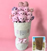 Pembe Peluş Ayıcık Beyaz Peluş Buketi Kalp Yastık