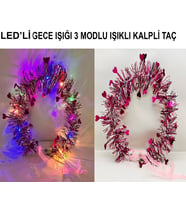 Kalp Püsküllü Gece Parıltısı 3 Modlu LED&amp;#39;li Işıklı Taç Fuşya Renk