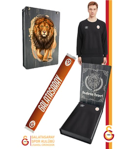 Galatasaray Orijinal Lisanslı Sıfır Yaka Siyah Sweat Şal Kaşkol Set Hediyelik Ahşap Kutulu