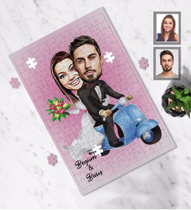 Kişiye Özel  Vespa Motorcu Sevgili Karikatürlü A3 130 Parça Puzzle Mod-4