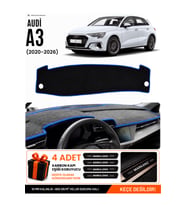 e-biz AUDİ A3 (2020-2026) Uyumlu Torpido Koruma, Torpido Örtüsü, Torpido Kılıfı - Siyah-Mavi - AU008