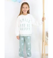 Kız Çocuk 3 İplik Şardonlu Smile Yazılı Eşofman Takım (Mint)
