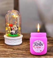 Led Işıklı Tasarım Fanus ve Mis Kokulu Pembe Cam Mum Hediye Seti (Model 2)