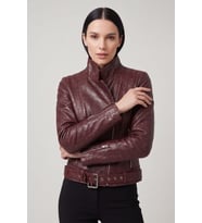 Bordo Vintage Hakiki Deri Asimetrik Fermuarlı Kadın Biker Ceket