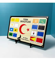 16 Türk Devleti Bayrakları Masaüstü Tablo Seti - UV Baskılı 3mm MDF - El İşçiliği - 34cmx20cm (Akçaağaç-Siyah Rengi)
