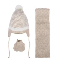 Unisex Kahve Beyaz Karışık Çizgi Desenli Triko Atkı Bere Set