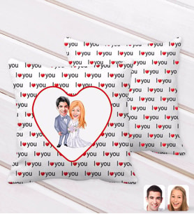 BK Gift Kişiye Özel Sevgililer Karikatürlü I Love You Kalp Desenli Dekoratif Kırlent Yastık-104 (Beyaz)