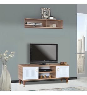 Eva Tv Sehpası Atlantik Çam Beyaz Renkli 2 Kapaklı Açık Raflı 130x50x36 Cm