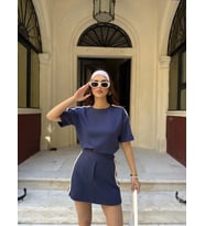 Osy Modal Yumuşak Dokulu Kumaş Parçalı Bisiklet Yaka T-shirt Mini Şortlu Etek İkili Takım -Lacivert