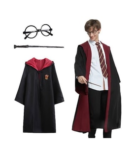 Harry Potter Gryffindor Kapişonlu Çocuk Kostüm + Asa + Gözlük Seti 11-12 Yaş