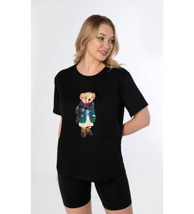 MyBen Kadın Siyah Ayıcık Baskılı Oversize  T-shirt KY02