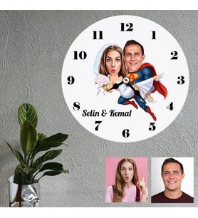 Süper Adam ve Gelin Özel Karikatürlü Kişiye Özel Ahşap Duvar Saati
