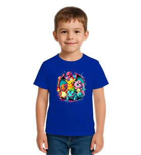 Unisex Pokemon Baskılı Çocuk Tişört pamuklu penye kumaş (Saks Mavisi)