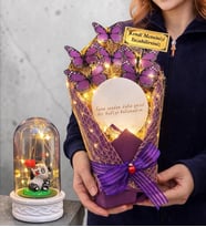 Kişiye Özel Aynalı Tasarım Led Işıklı Mor Kelebek Buketi (Led Işıklı Fanus Hediyeli) (Model 5)