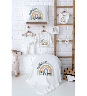 Pia Baby Premium İsimli %100 Pamuk Bebek Hastane Çıkışı Seti 5074-02 (Ekru)