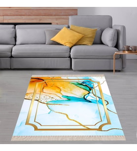 Mermer Desenli Gold Şeritli Dijital Baskı Yıkanabilir Kaymaz Taban Modern Salon Halısı ve Yolluk (Sarı-Beyaz)