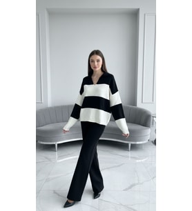 Siyah Beyaz Çizgili Triko Kadın Oversize Kazak