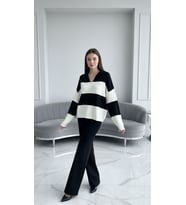 Siyah Beyaz Çizgili Triko Kadın Oversize Kazak