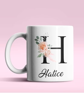 Kişiye Özel H Harfi Temalı Gül Tasarım Beyaz Renk Kupa