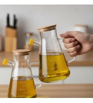 2'li Büyük Boy Şeffaf Cam Yağdanlık Seti - Bambu Kapaklı ve Standlı Elmas Desenli Yağlık Sirkelik (2 x 900 ml)