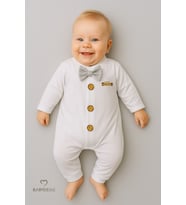 BABYDEN'S Minik Patron Papyonlu Erkek Bebek Tulum – Düğmeli Tasarım, Uzun Kollu %100 Pamuk Yenidoğan Tulumu (Gri)