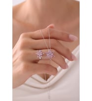 Gümüş Lotus Çiçeği Kolye & Yüzük Seti - 925 Ayar Gümüş Set