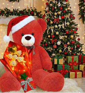 Yılbaşı Konsepti-LED Işıklı Romantik Yeşil - Kırmızı-  Beyaz Peluş Ayıcık Buketi ve 90 cm Peluş Ayı