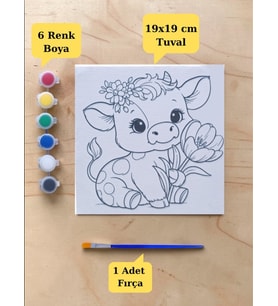 Tuval Boyama Aktivite Seti Sevimli İnek Baskılı 19x19 Cm (Tuval, Fırça ve 6 Renk Akrilik Boya Seti)