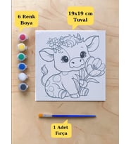 Tuval Boyama Aktivite Seti Sevimli İnek Baskılı 19x19 Cm (Tuval, Fırça ve 6 Renk Akrilik Boya Seti)
