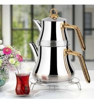 Yonca Lines L-3089 Naz Mini Boy Çelik Çaydanlık Takımı Altın Desenli Kulp