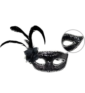 Siyah Yandan Tüylü Güllü Taşlı Pullu Maske