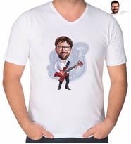 BK Gift Kişiye Özel Erkek Gitarist Karikatürlü V Yaka Tişört-2 (Beyaz)