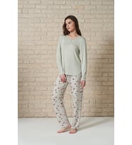 Kadın Düğme Detaylı  Alt Kısmı Çiçek Desenli Uzun Kollu Pijama Takımı (Renksiz)