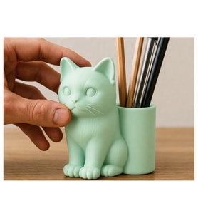 Alvera Kedi Figürlü Kalemlik – 3D Baskı Masaüstü Organizer - Mint