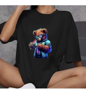 Unisex Bisiklet Yaka Baskılı Oversize T-Shirt - Siyah