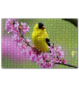 Cakapuzzle Pembe Çiçekli Dalda Sarı Siyah Kuş 120 Parça Puzzle Yapboz MDF(Ahşap)