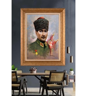 Altın Varaklı Çerçeveli Paspartulu Atatürk Tablo DC1328 (Gold)