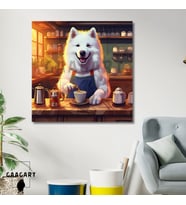 Kare Kanvas Kahve Köşesi Cafe Tablosu Barista Samoyed Köpek