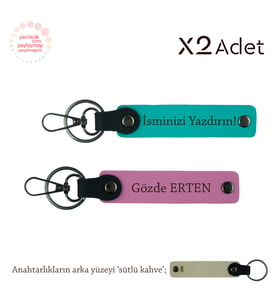 Anneye Doğum Günü Armağanı, İsimli 2’li Anahtarlık Hediye Takımı, Koyu Turkuaz-Pembe-Sütlü Kahve