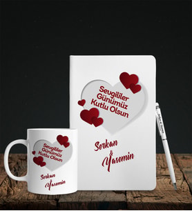 Sevgililer Gününe Özel Beyaz Deri Defter Kalem Kupa Hediye Seti 4