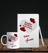 Sevgililer Gününe Özel Beyaz Deri Defter Kalem Kupa Hediye Seti 4