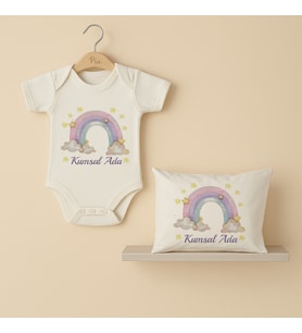 Pia Baby Premium %100 Pamuk İsme Özel Organik Baskılı Çıtçıtlı Bebek Body Ve Yastık Kılıfı 5075-19 (Ekru)