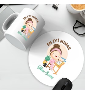 En İyi Mimar İsme Özel Mousepad ve Kupa Seti (Beyaz)
