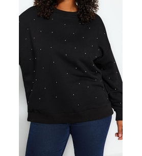 Büyük Beden Tarz Oversize Bisiklet Yaka Düşük Kol Regular Kalın Zımba Detaylı Örme Sweatshirt