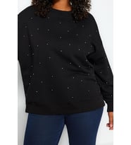 Büyük Beden Tarz Oversize Bisiklet Yaka Düşük Kol Regular Kalın Zımba Detaylı Örme Sweatshirt
