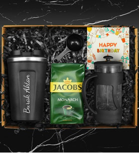 Doğum Gününe Kişiye Özel Starbucks Model Çelik Termos & Ölçekli French Press & 250 Gram Jacobs Filtre Kahve Hediye Seti