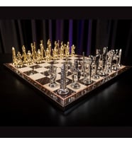 Metal Mısır Satranç Takımı Parlak ve Ceviz Desenli MDF Ahşap Satranç Tahtası (37x37 cm.)