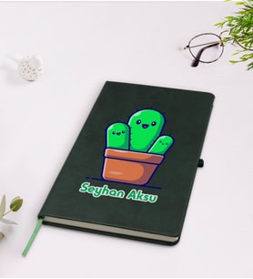 BK Gift Kişiye Özel Kaktüs Tasarımlı Yeşil Termo Deri Defter Model 3